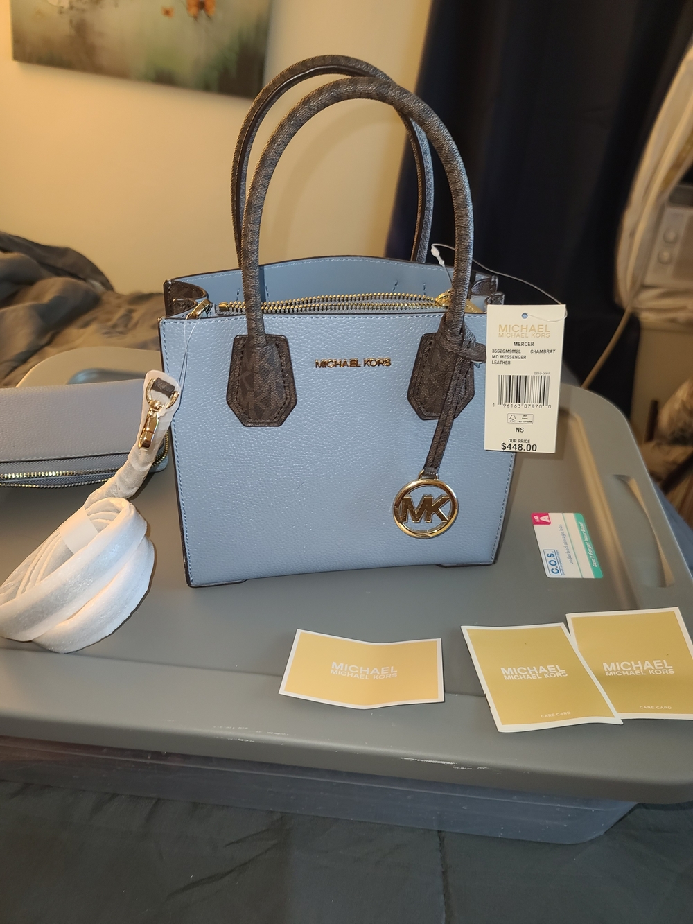 Michael Kors Small Leather Tote Bag in Light Blue with Brown Trim